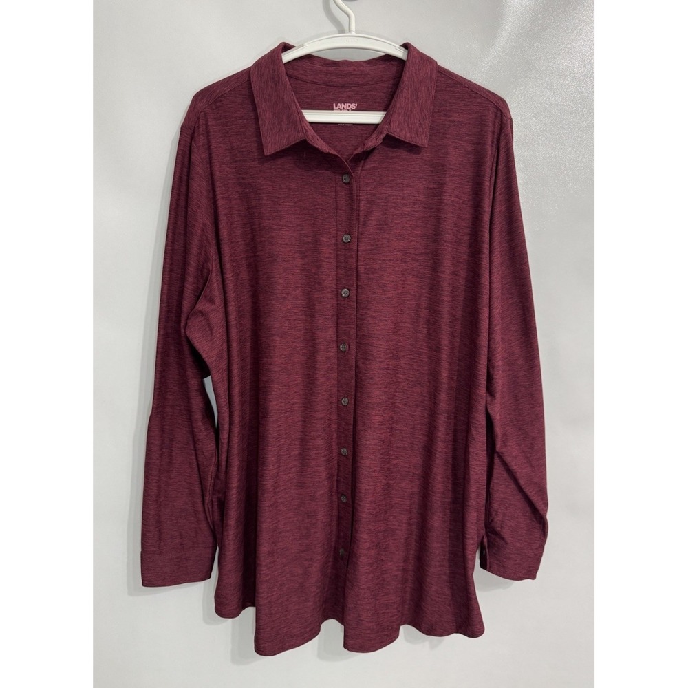 Lands End Women's 2X Performance Shirt Maroon Button Front Stretch Top UPF 50+